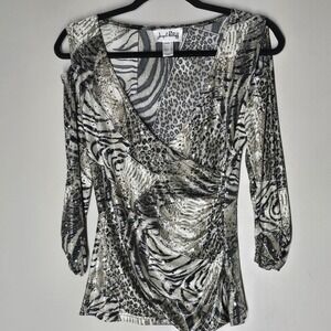 Joseph Ribkoff Size 8 Cold Shoulder Top Faux Wrap Animal Print Blouse Sequins